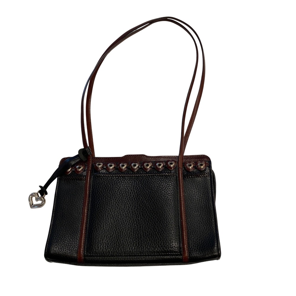 Brighton Black Pebbled Leather Heart Studded Shoulder Bag Brown Trim D245183